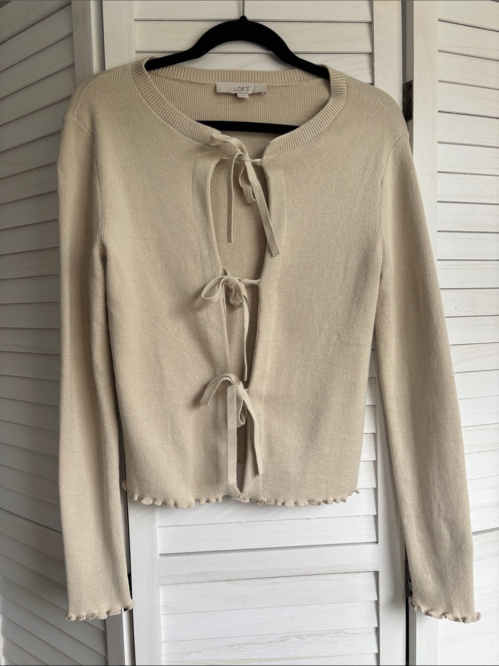 LOFT Cream Tie-Front Cardigan with Lettuce-Edge Hem